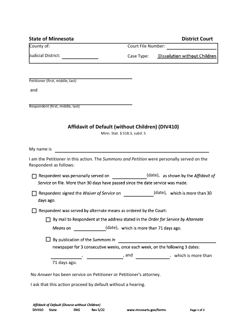 Form DIV410 Affidavit of Default (Without Children) - Minnesota