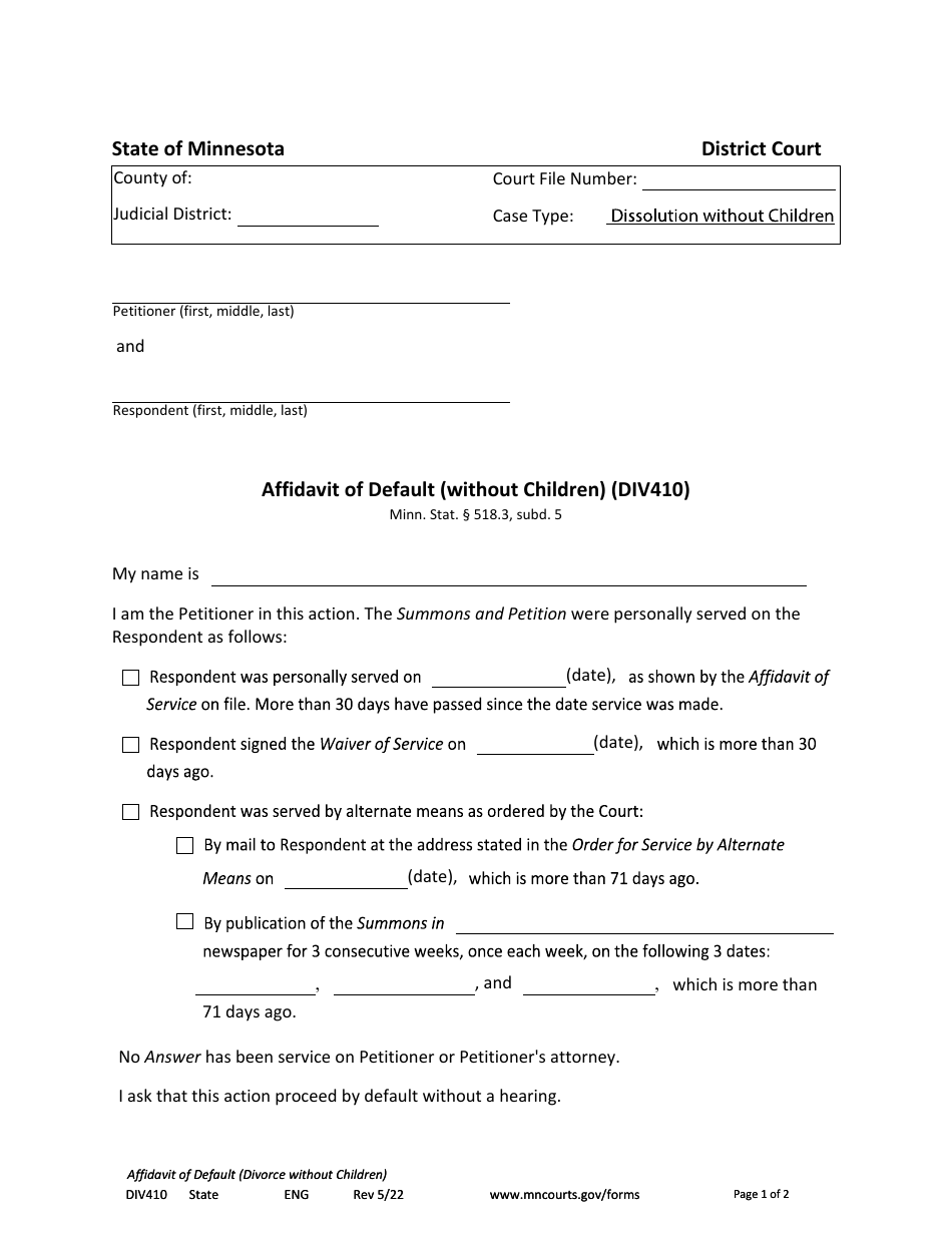 Form DIV410 Affidavit of Default (Without Children) - Minnesota, Page 1