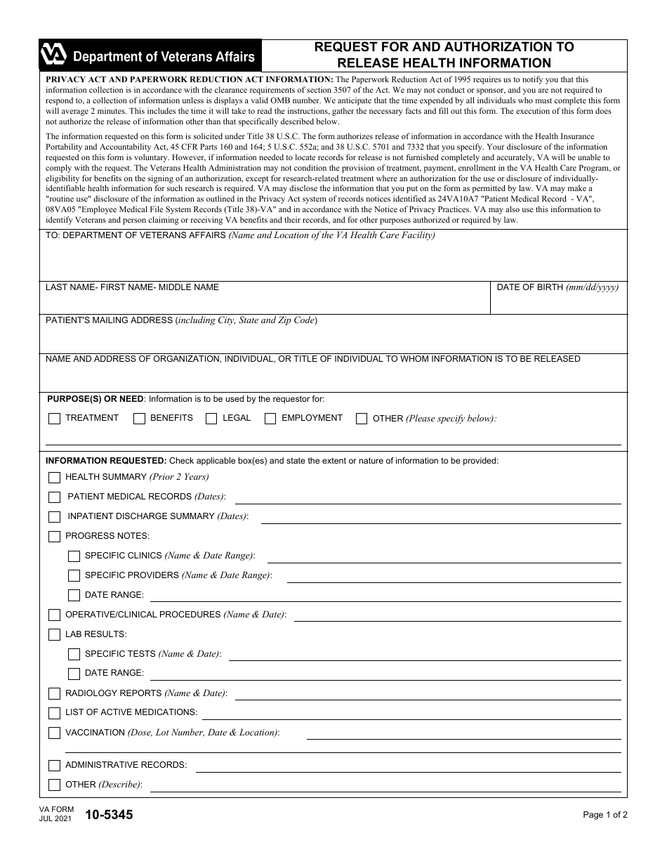 VA Form 10-5345 Request for and Authorization to Release Health Information, Page 1