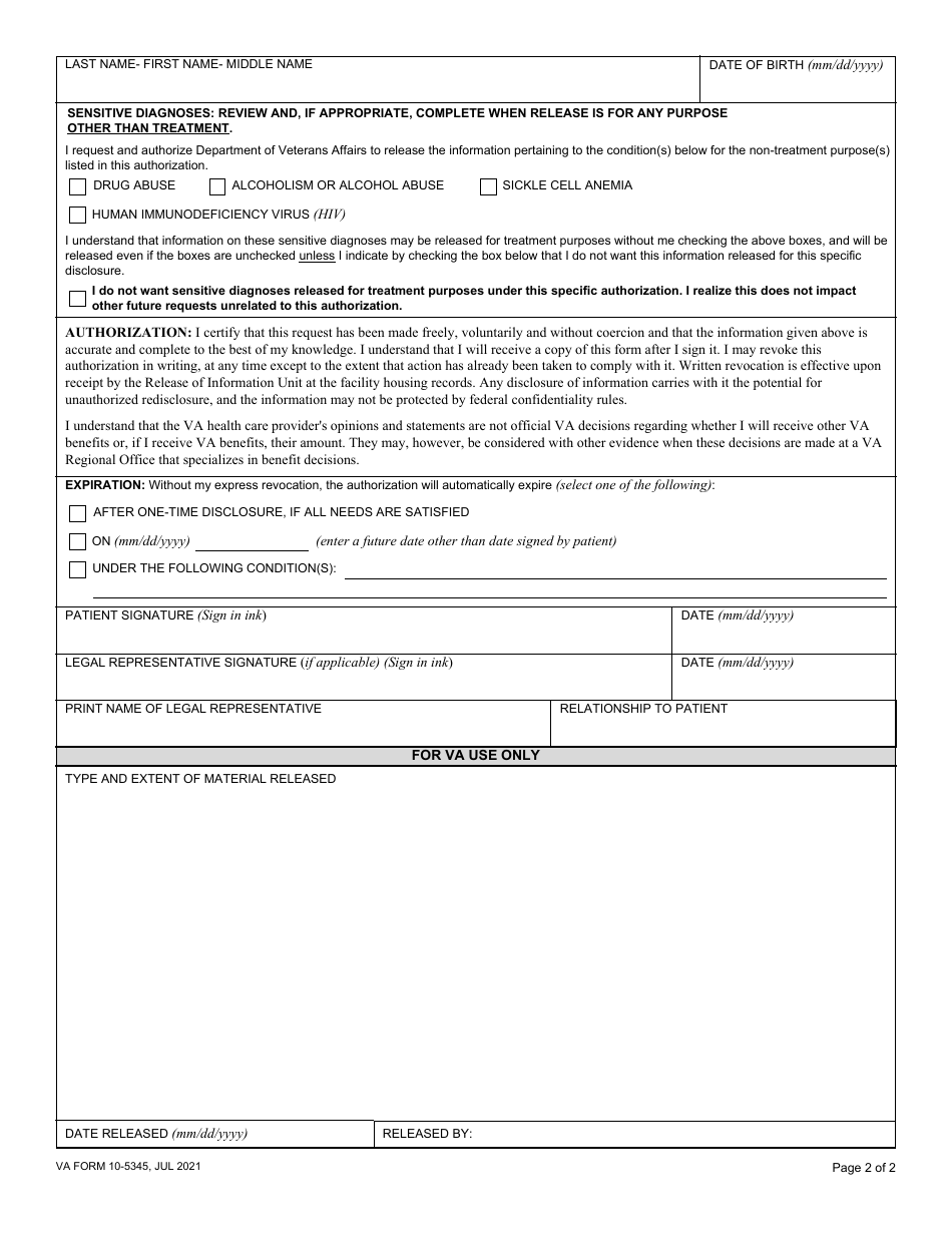 VA Form 10-5345 Download Fillable PDF or Fill Online Request for and ...