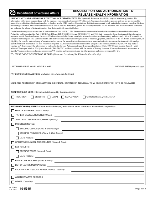 VA Form 10-5345 Request for and Authorization to Release Health Information