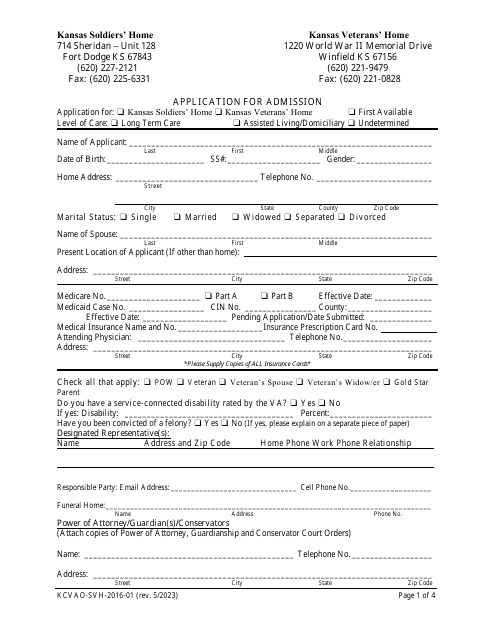 Form KCVAO-SVH-2016-01 Application for Admission - Kansas