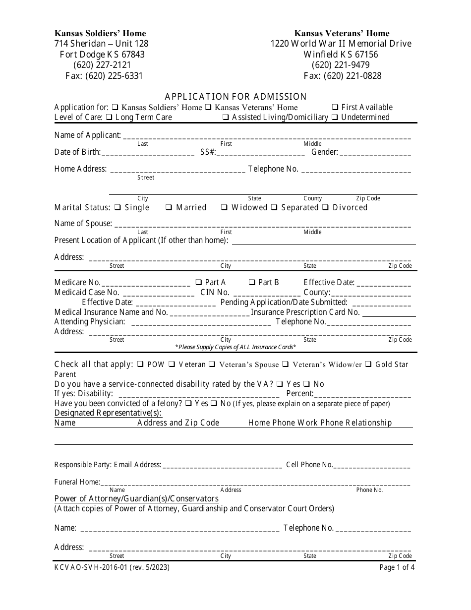 Form KCVAO-SVH-2016-01 Application for Admission - Kansas, Page 1