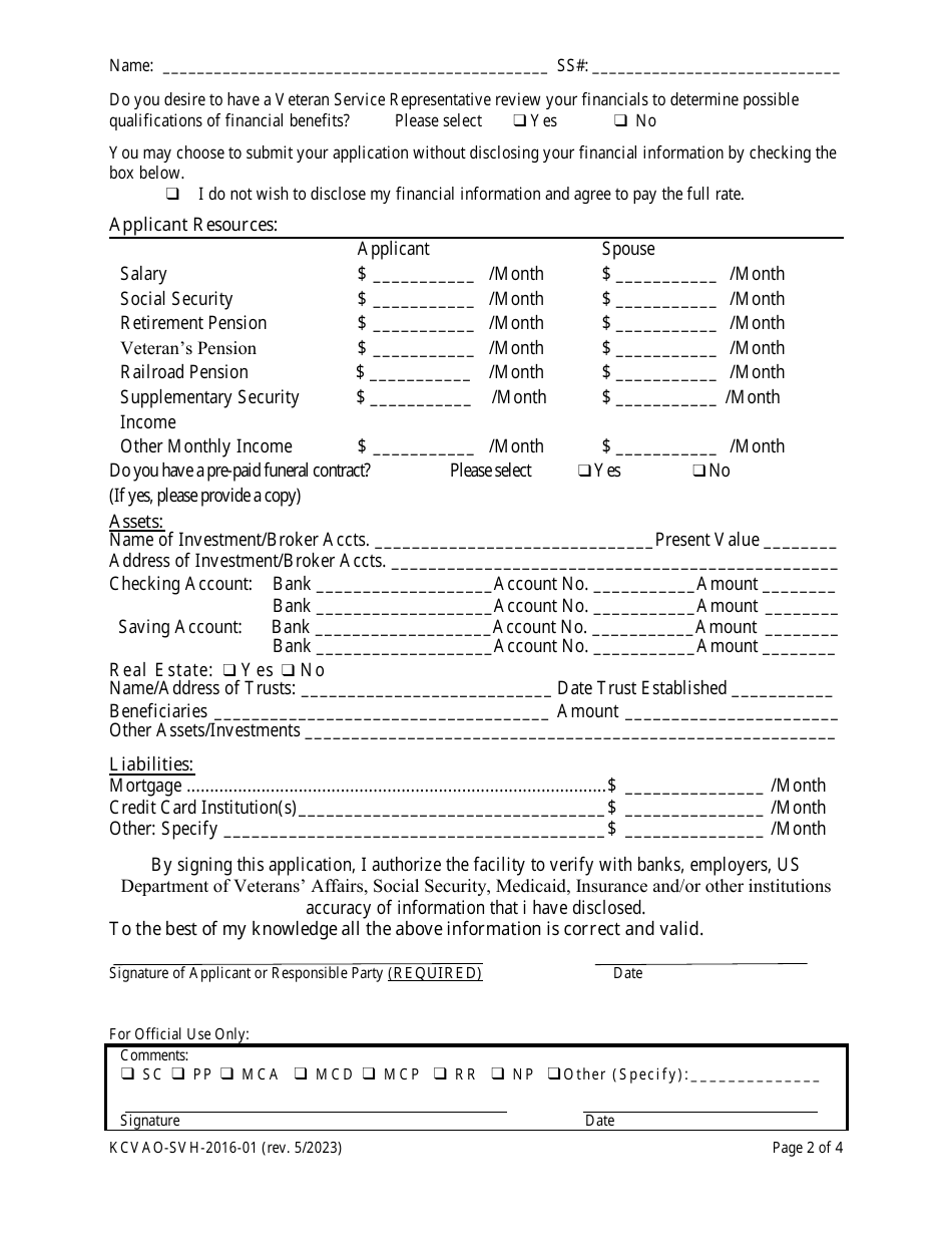 Form KCVAO-SVH-2016-01 Application for Admission - Kansas, Page 2
