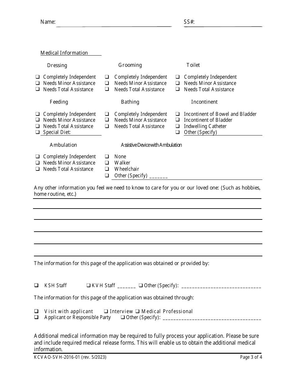 Form KCVAO-SVH-2016-01 Application for Admission - Kansas, Page 3