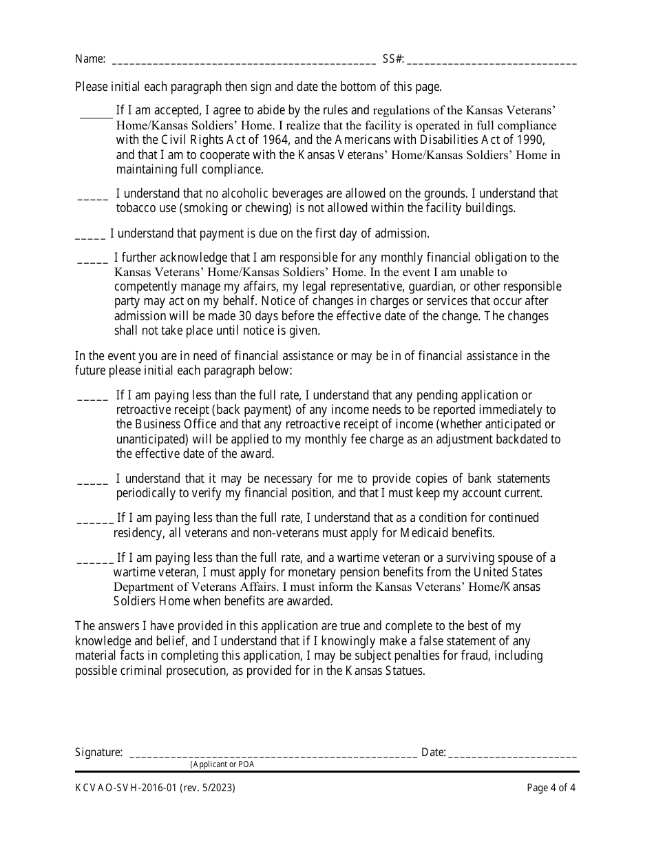 Form KCVAO-SVH-2016-01 Application for Admission - Kansas, Page 4