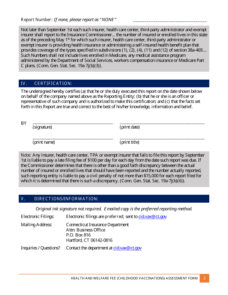 Health and Welfare Fee (Childhood Vaccinations) Assessment Request - Connecticut, Page 2