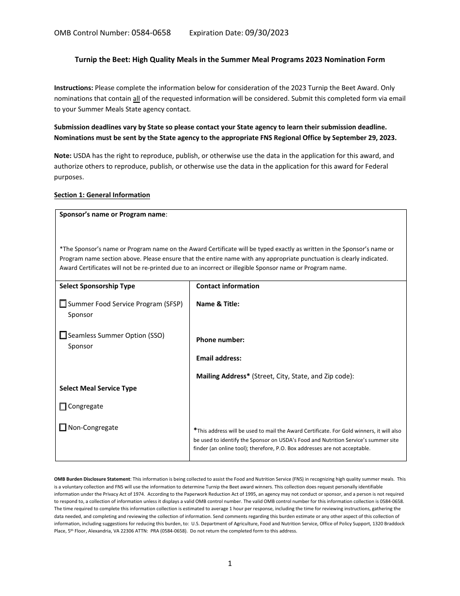 Turnip the Beet: High Quality Meals in the Summer Meal Programs Nomination Form, Page 1