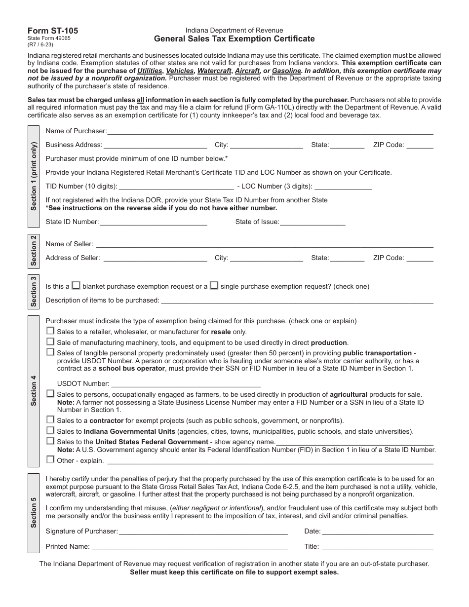 State Form 49065 (ST-105) General Sales Tax Exemption Certificate - Indiana, Page 1