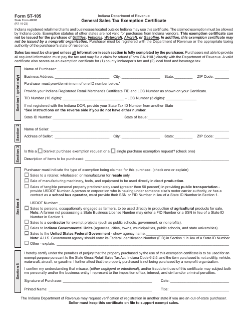 State Form 49065 (ST-105) General Sales Tax Exemption Certificate - Indiana