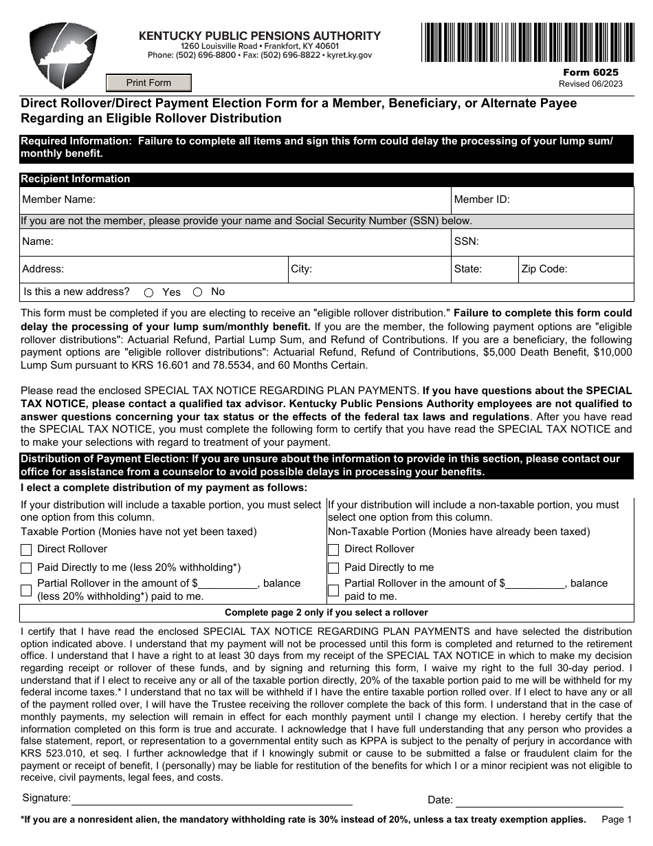 Form 6025 Direct Rollover / Direct Payment Election Form for a Member, Beneficiary, or Alternate Payee Regarding an Eligible Rollover Distribution - Kentucky, Page 1