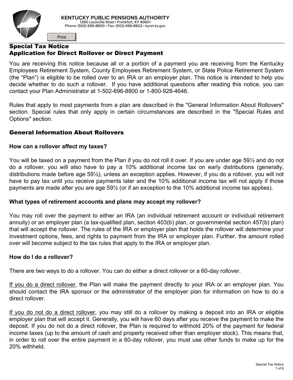 Form 6025 Direct Rollover / Direct Payment Election Form for a Member, Beneficiary, or Alternate Payee Regarding an Eligible Rollover Distribution - Kentucky, Page 3