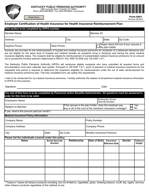Form 6241 Employer Certification of Health Insurance for Health Insurance Reimbursement Plan - Kentucky