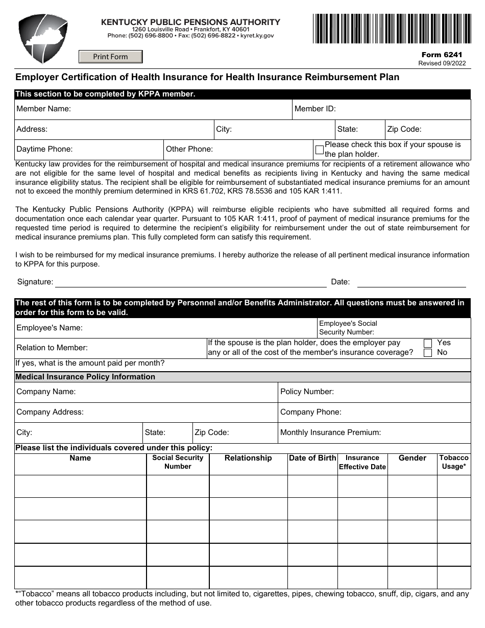 Form 6241 Employer Certification of Health Insurance for Health Insurance Reimbursement Plan - Kentucky, Page 1