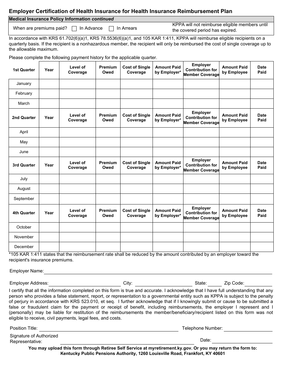 Form 6241 Employer Certification of Health Insurance for Health Insurance Reimbursement Plan - Kentucky, Page 2