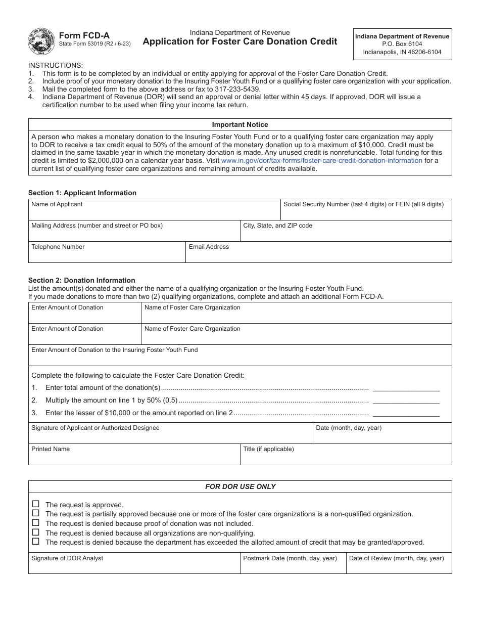 State Form 53019 (FCD-A) Application for Foster Care Donation Credit - Indiana, Page 1