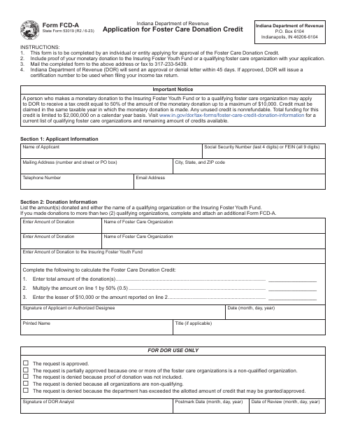 State Form 53019 (FCD-A) Application for Foster Care Donation Credit - Indiana