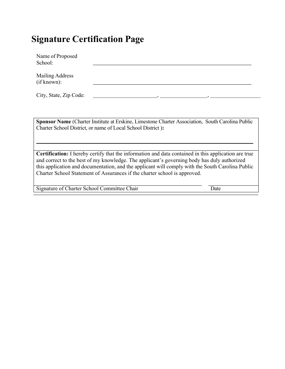 Charter School Application Signature Certification Page - South Carolina, Page 1