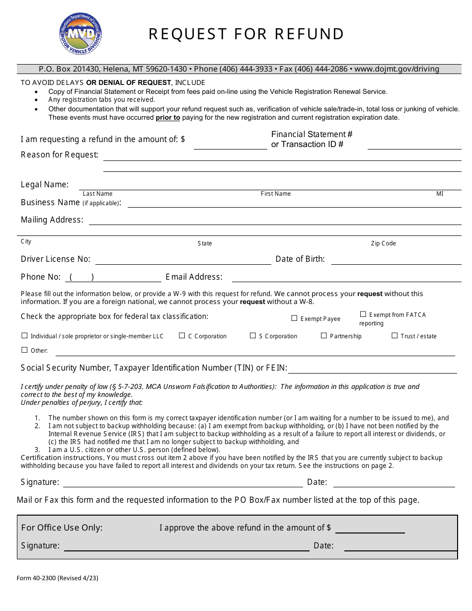 Form 40-2300 Request for Refund - Montana, Page 1