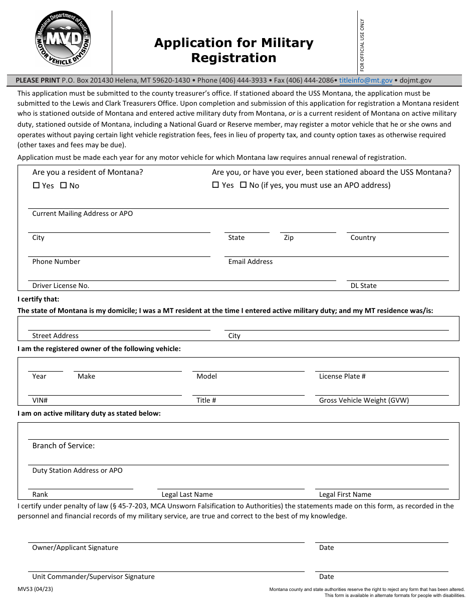 Form MV53 Application for Military Registration - Montana, Page 1