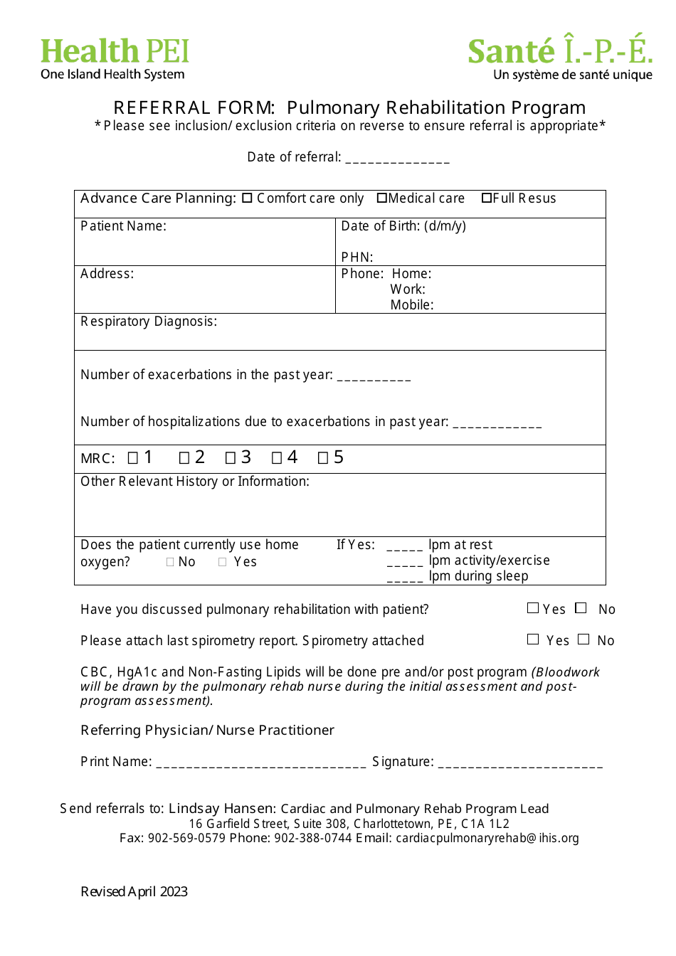 Referral Form - Pulmonary Rehabilitation Program - Rhode Island, Page 1