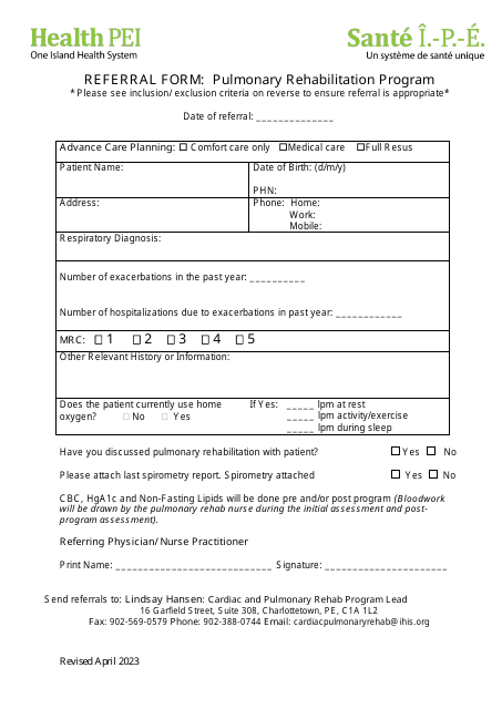 Referral Form - Pulmonary Rehabilitation Program - Rhode Island Download Pdf