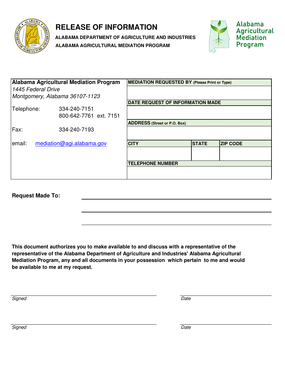 Release of Information - Alabama Agricultural Mediation Program - Alabama, Page 1