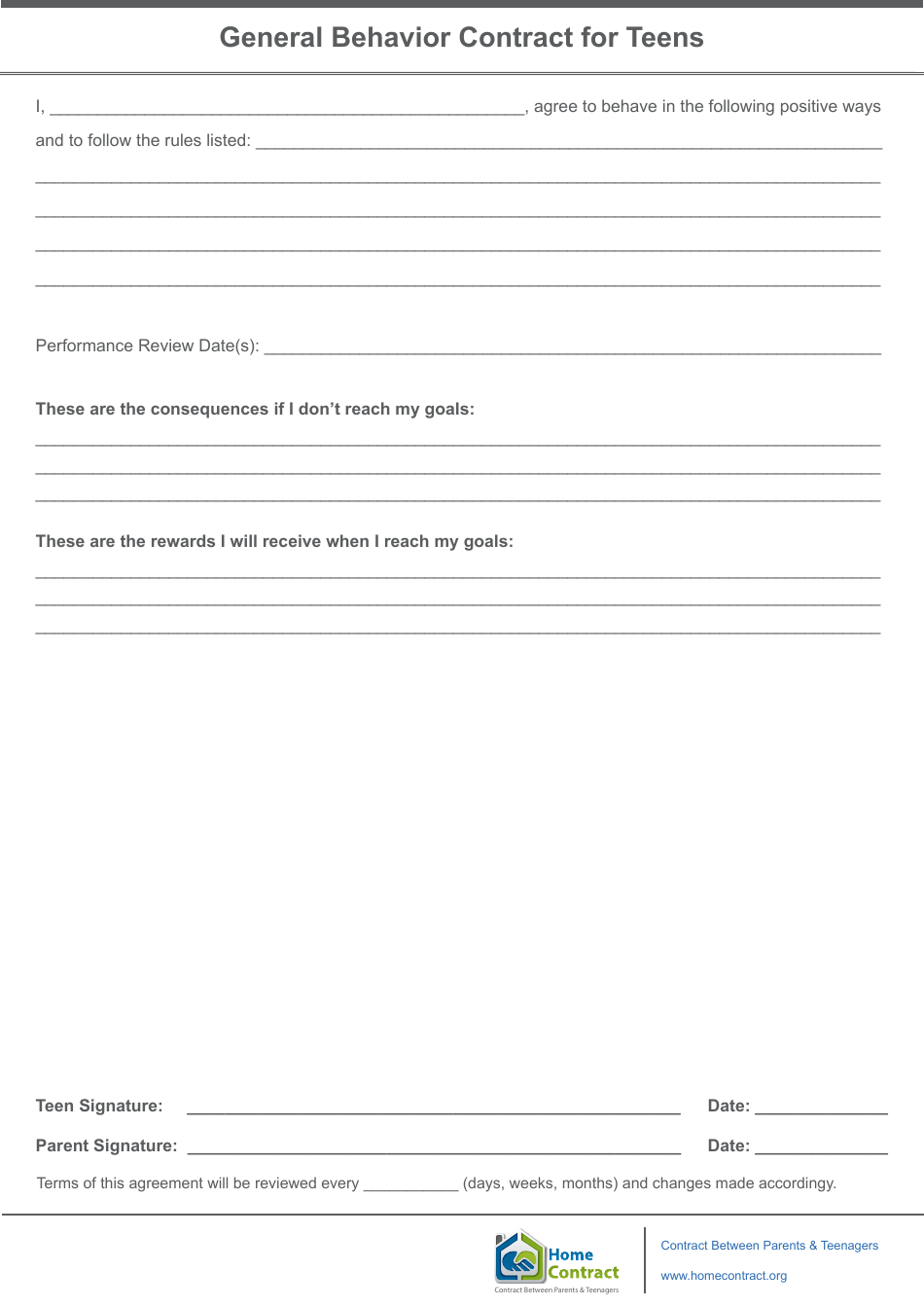 General Behavior Contract for Teens Template - Contract Between Parents  Teenagers - Home Contract, Page 1