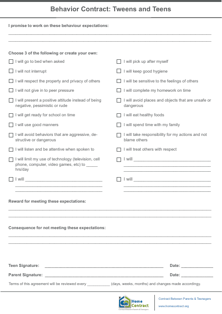 Tweens and Teens Behavior Contract Template - Contract Between Parents & Teenagers - Home Contract