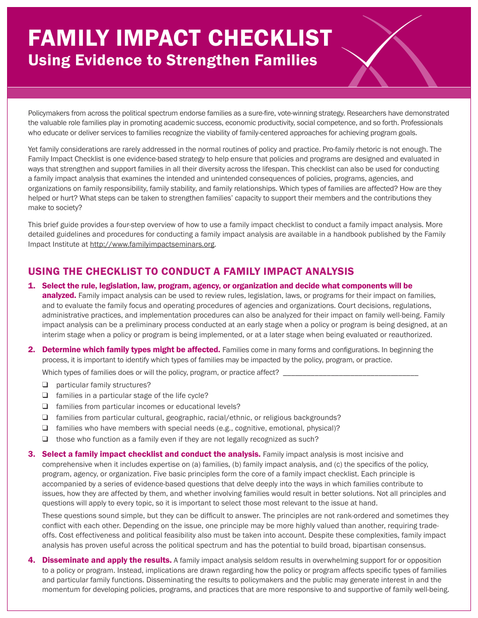 Family Impact Analysis Checklist Template the Family Impact Institute