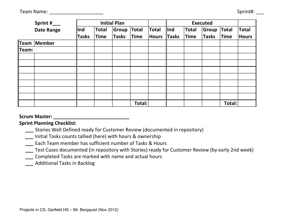 Scrum Sprint Tracking Sheet Template Preview