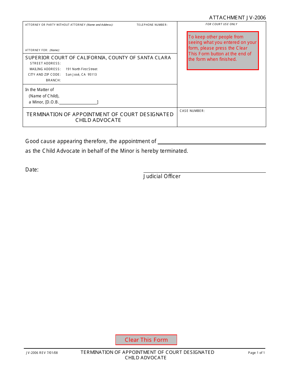 Attachment JV-2006 Termination of Appointment of Court Designated Child Advocate - County of Santa Clara, California, Page 1