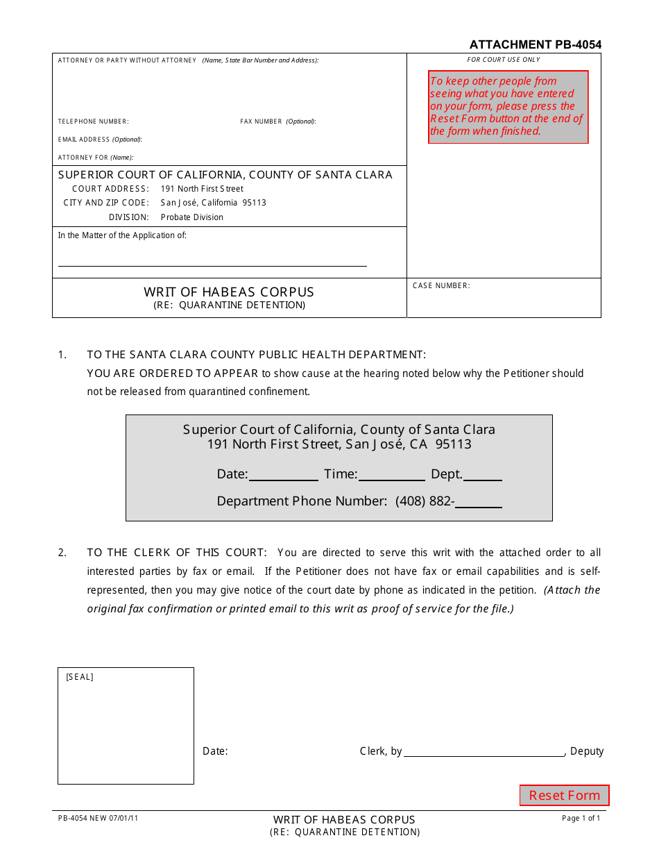 Attachment PB-4054 Writ of Habeas Corpus (Re: Quarantine Detention) - County of Santa Clara, California, Page 1