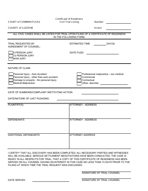 Certificate of Readiness - Civil Trial Listing - County of Luzerne, Pennsylvania Download Pdf