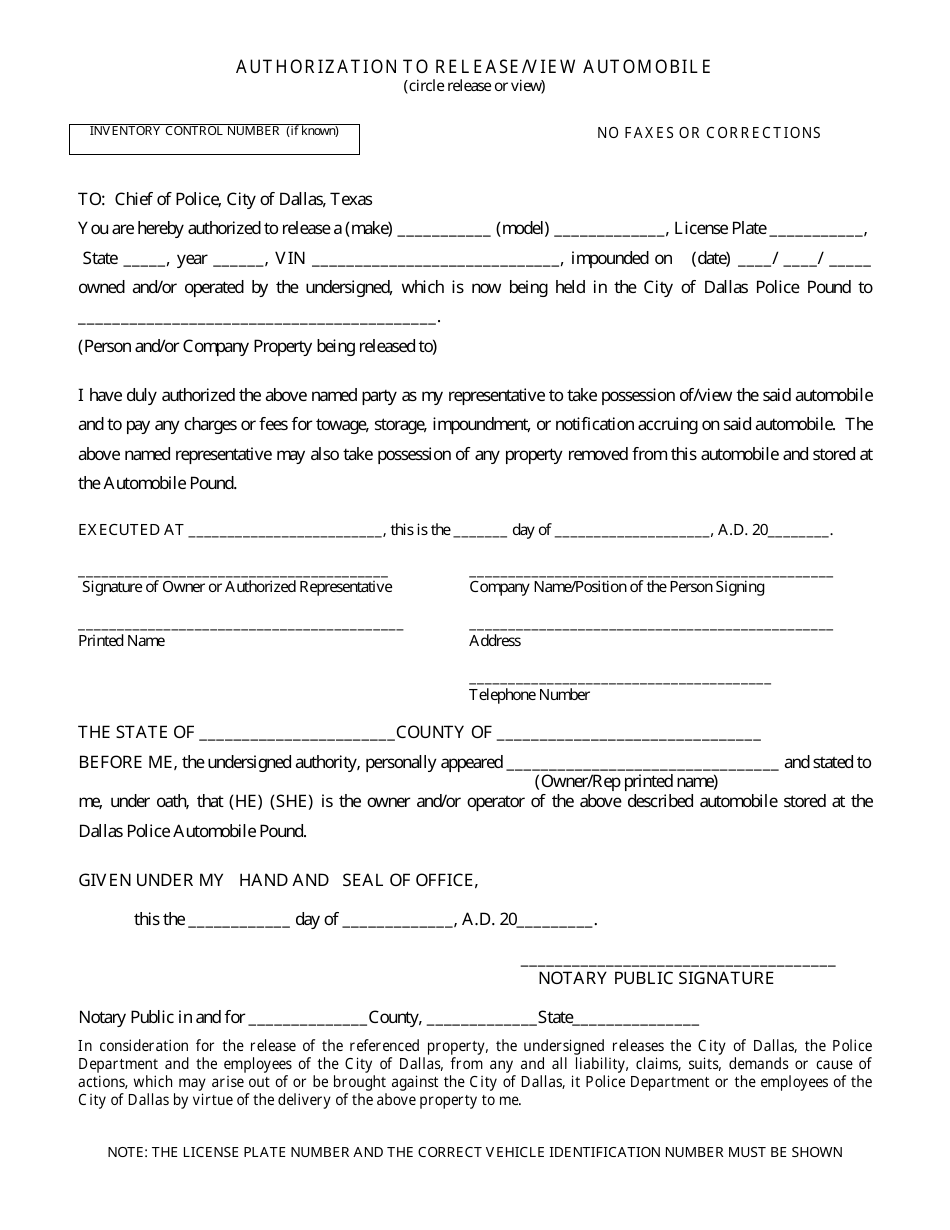 city of dallas auto pound release form