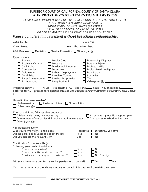 Form CV-5005 Adr Provider's Statement/Civil Division - County of Santa Clara, California