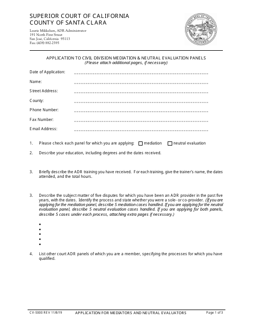 Form CV-5000 Application to Civil Division Mediation & Neutral Evaluation Panels - County of Santa Clara, California