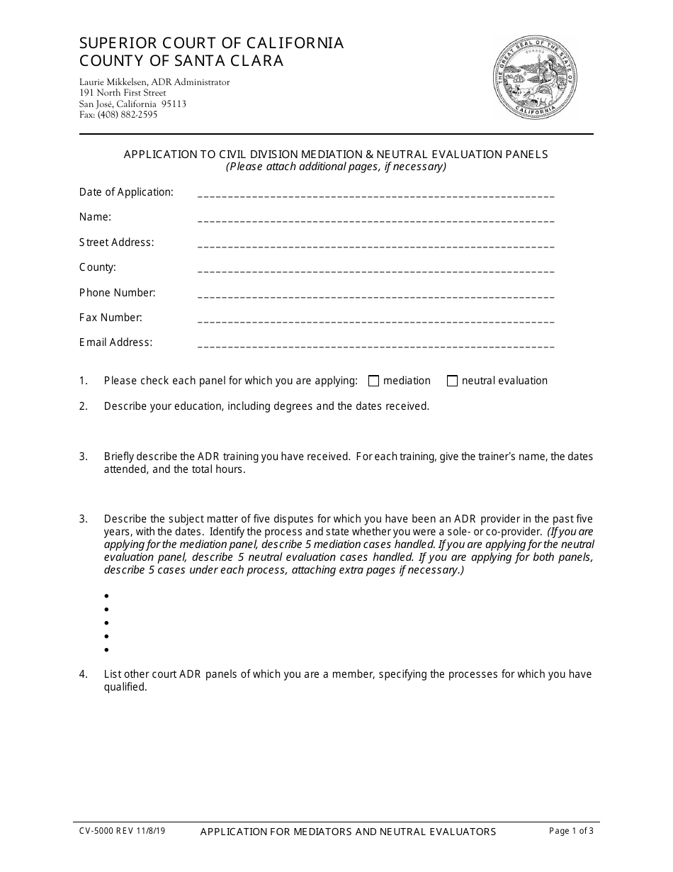 Form CV-5000 Application to Civil Division Mediation  Neutral Evaluation Panels - County of Santa Clara, California, Page 1