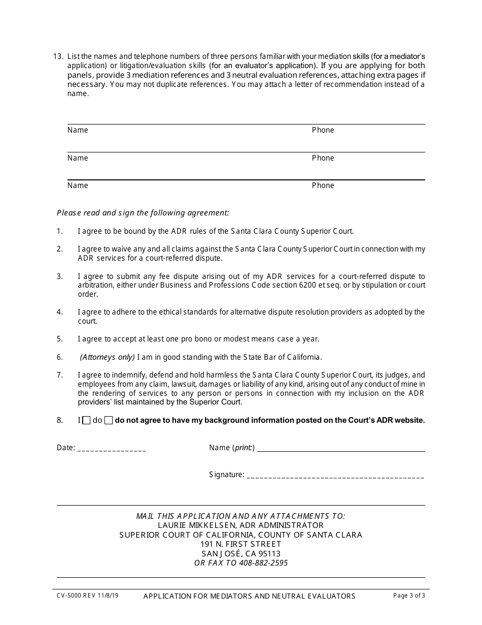 Form CV-5000 Application to Civil Division Mediation  Neutral Evaluation Panels - County of Santa Clara, California, Page 3