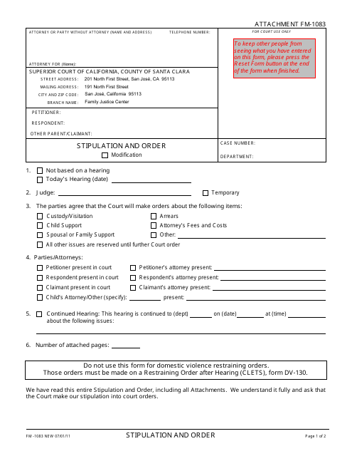 Form FM-1083 Stipulation and Order - County of Santa Clara, California