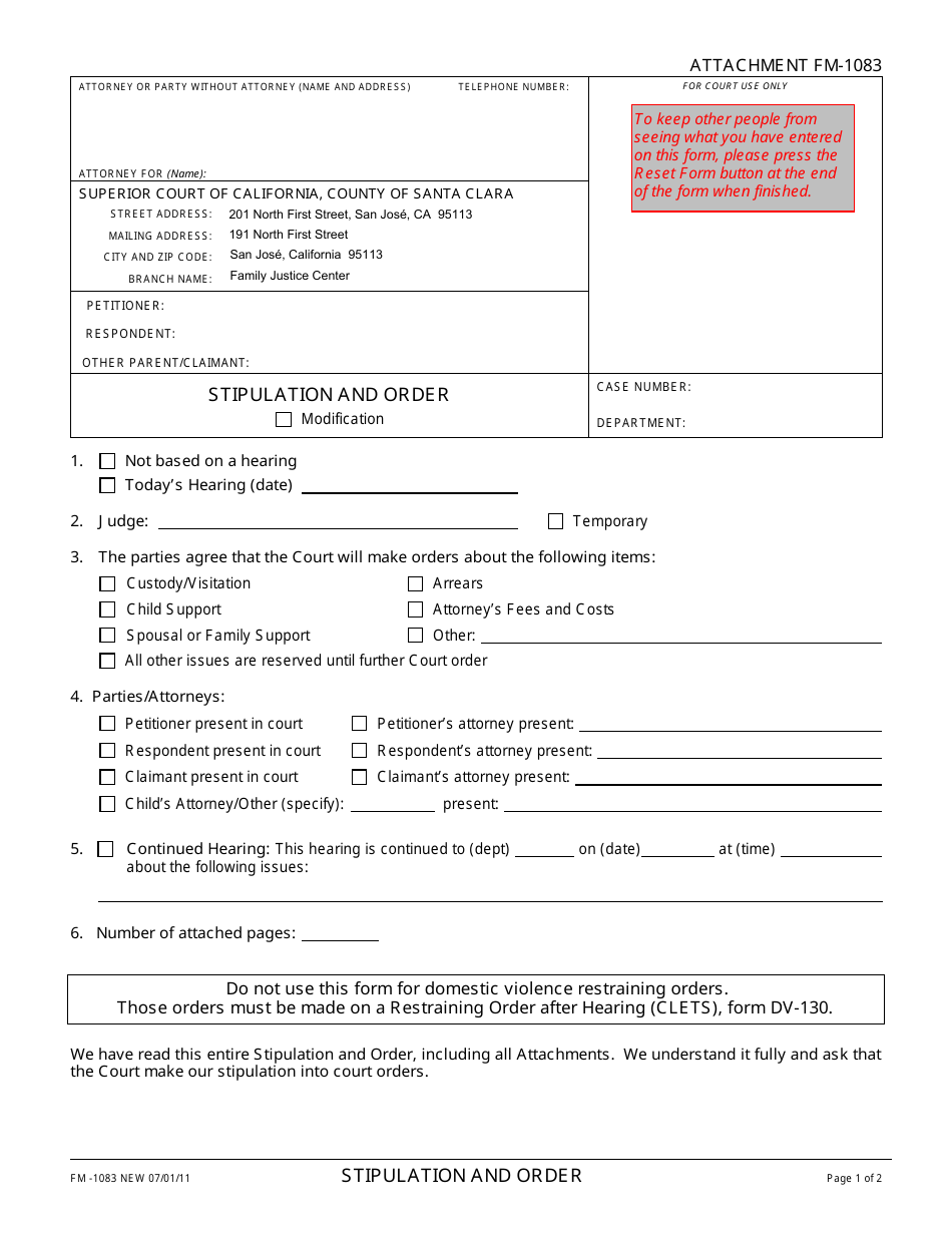 Form FM-1083 Stipulation and Order - County of Santa Clara, California, Page 1