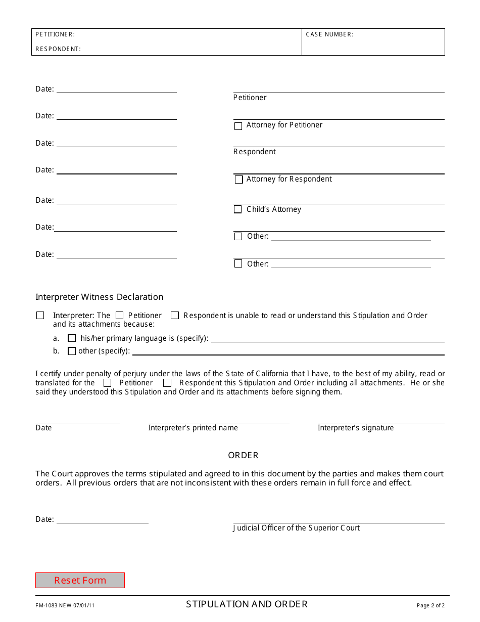 Form FM-1083 Stipulation and Order - County of Santa Clara, California, Page 2