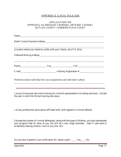 Appendix G Application for Approval as Indigent Criminal Defense Counsel - Butler County, Ohio