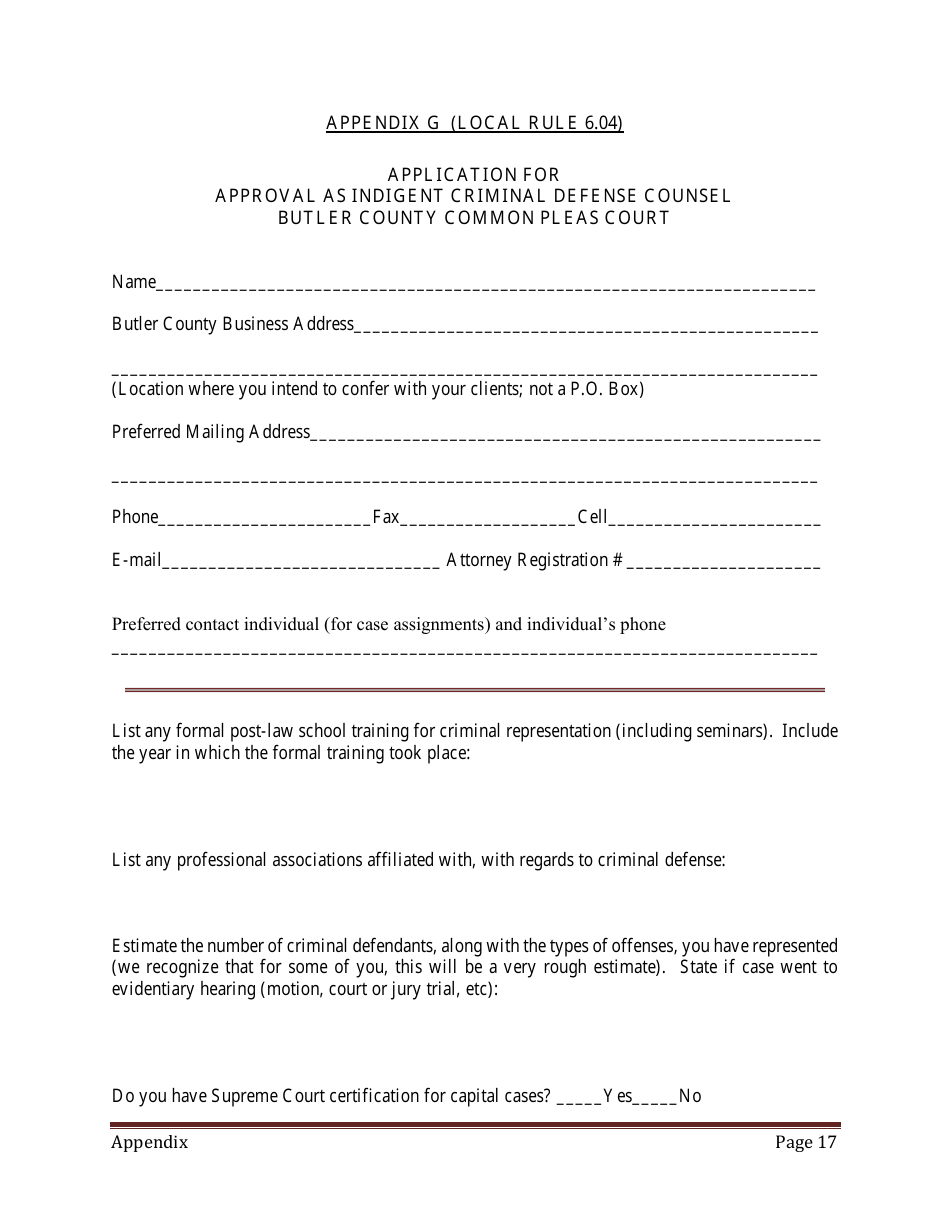 Appendix G Application for Approval as Indigent Criminal Defense Counsel - Butler County, Ohio, Page 1