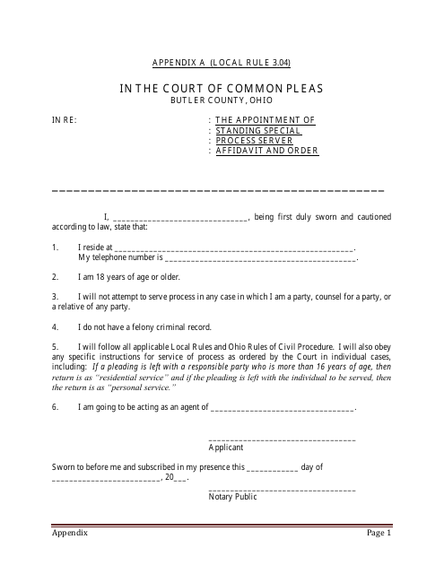 The Appointment of Standing Special Process Server Affidavit and Order - Butler County, Ohio Download Pdf