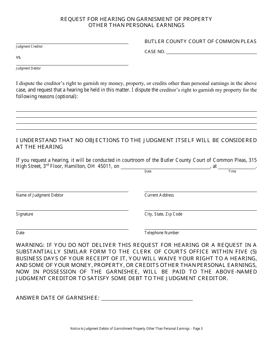 Butler County, Ohio Affidavit in Support of Garnishment of Property