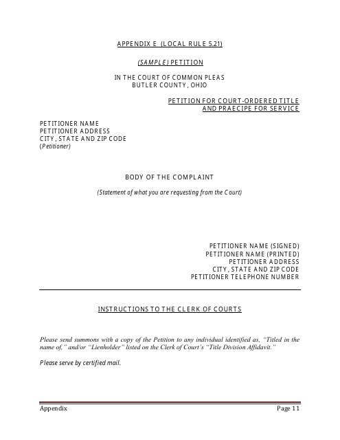 Appendix E Petition for Court-Ordered Title and Praecipe for Service - Butler County, Ohio