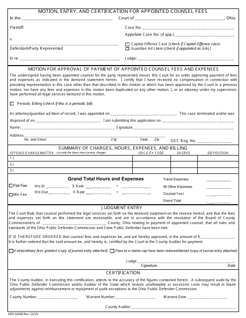 Form OPD-1026R Motion, Entry, and Certification for Appointed Counsel Fees - Ohio