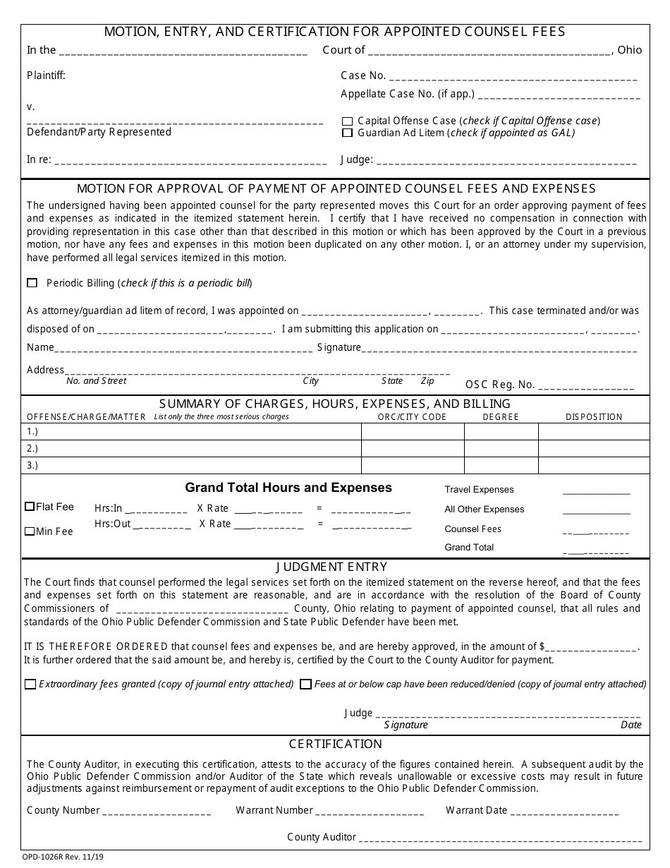 Form OPD-1026R Motion, Entry, and Certification for Appointed Counsel Fees - Ohio, Page 1