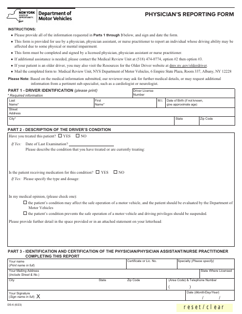 Form DS-6 Physician's Reporting Form - New York